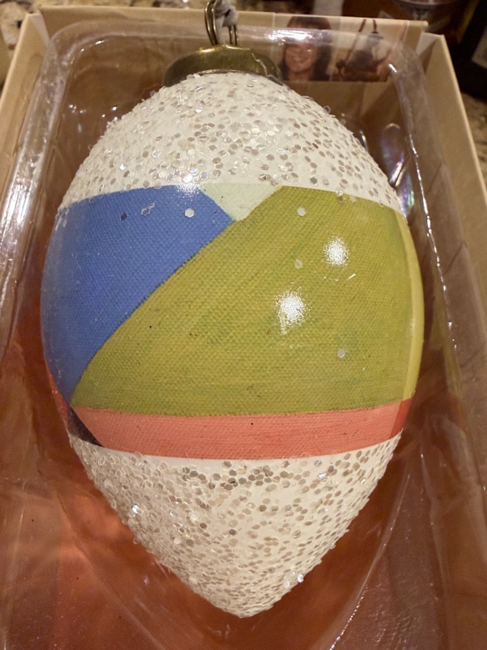 Demdaco Geometric Painted Ornament in Blue, Green, Coral and White